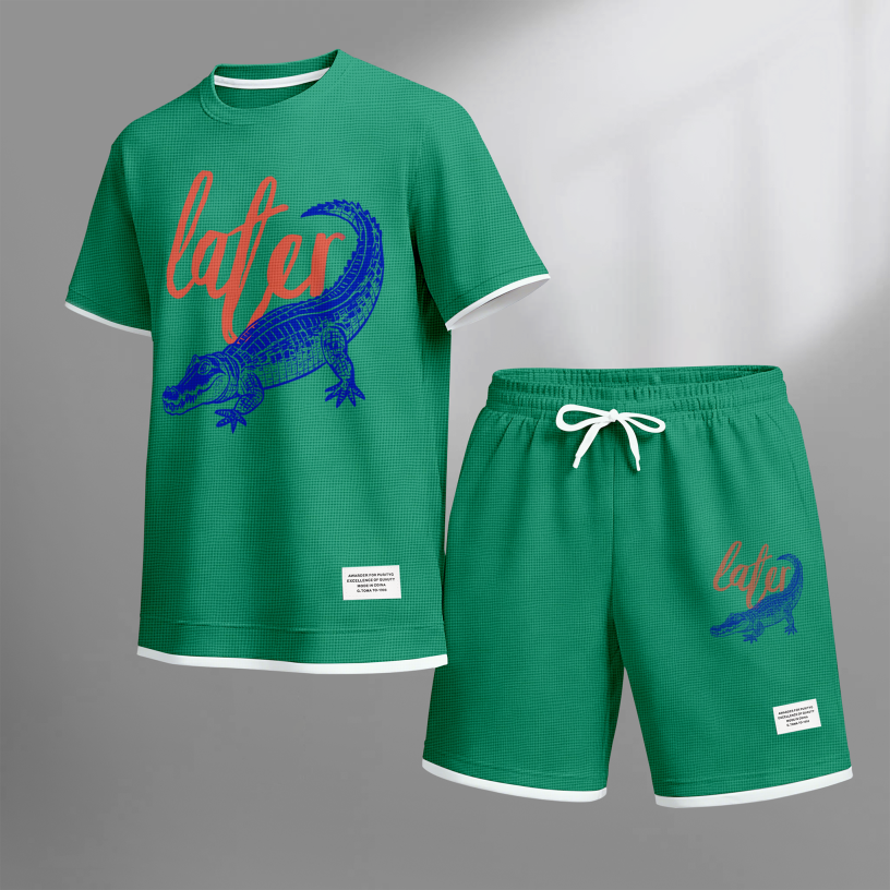Men's Casual Style Crocodile Print Waffle Fabric Short-Sleeved Shirt And Shorts Set