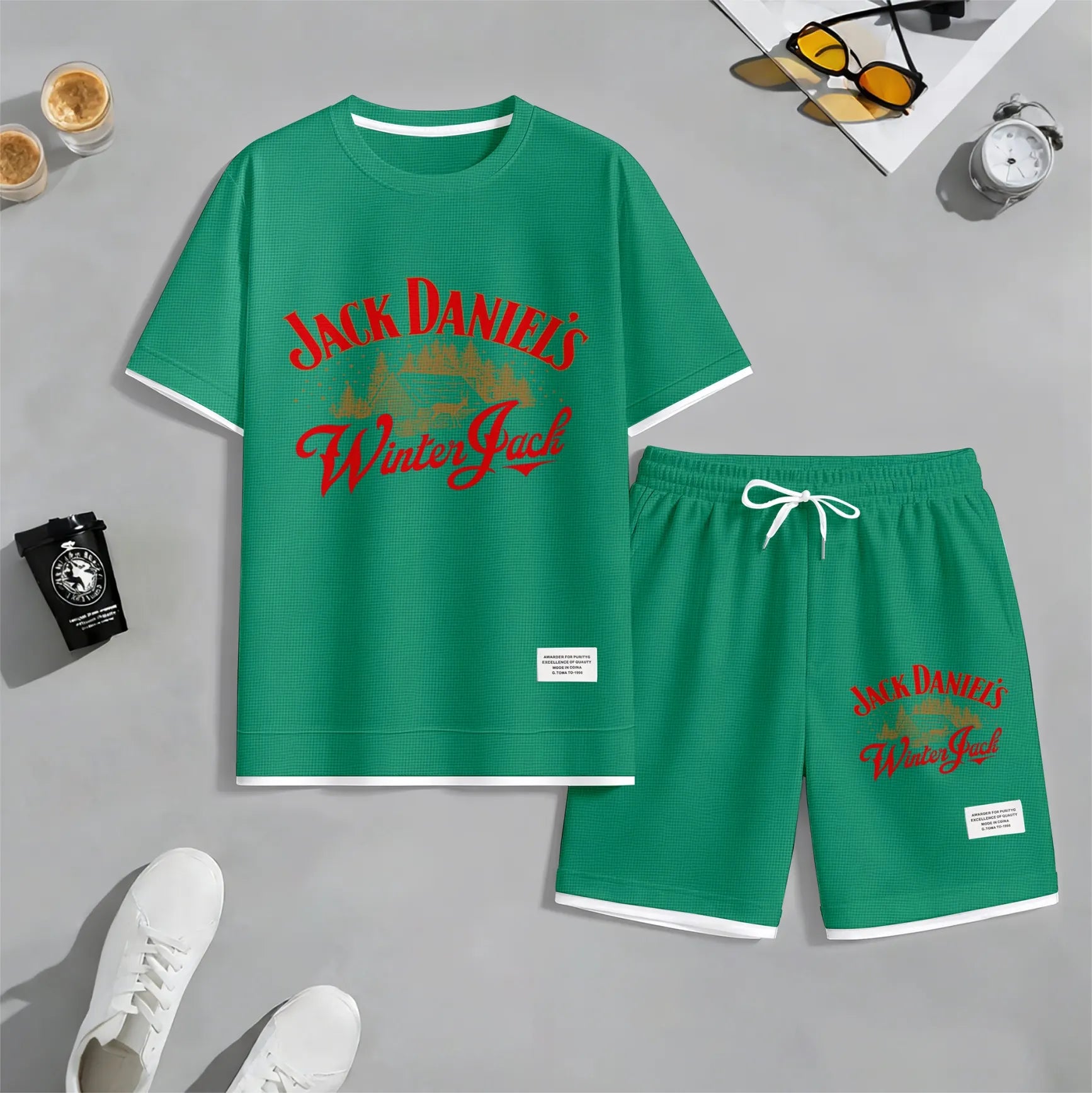 Men's Beer And Beverage Printed Drawstring Shorts Set, Suitable For Spring And Summer Wear, Casual Summer Set, Including Short-Sleeved Shirt And Shorts, Suitable For Everyday Wear And Sports 08