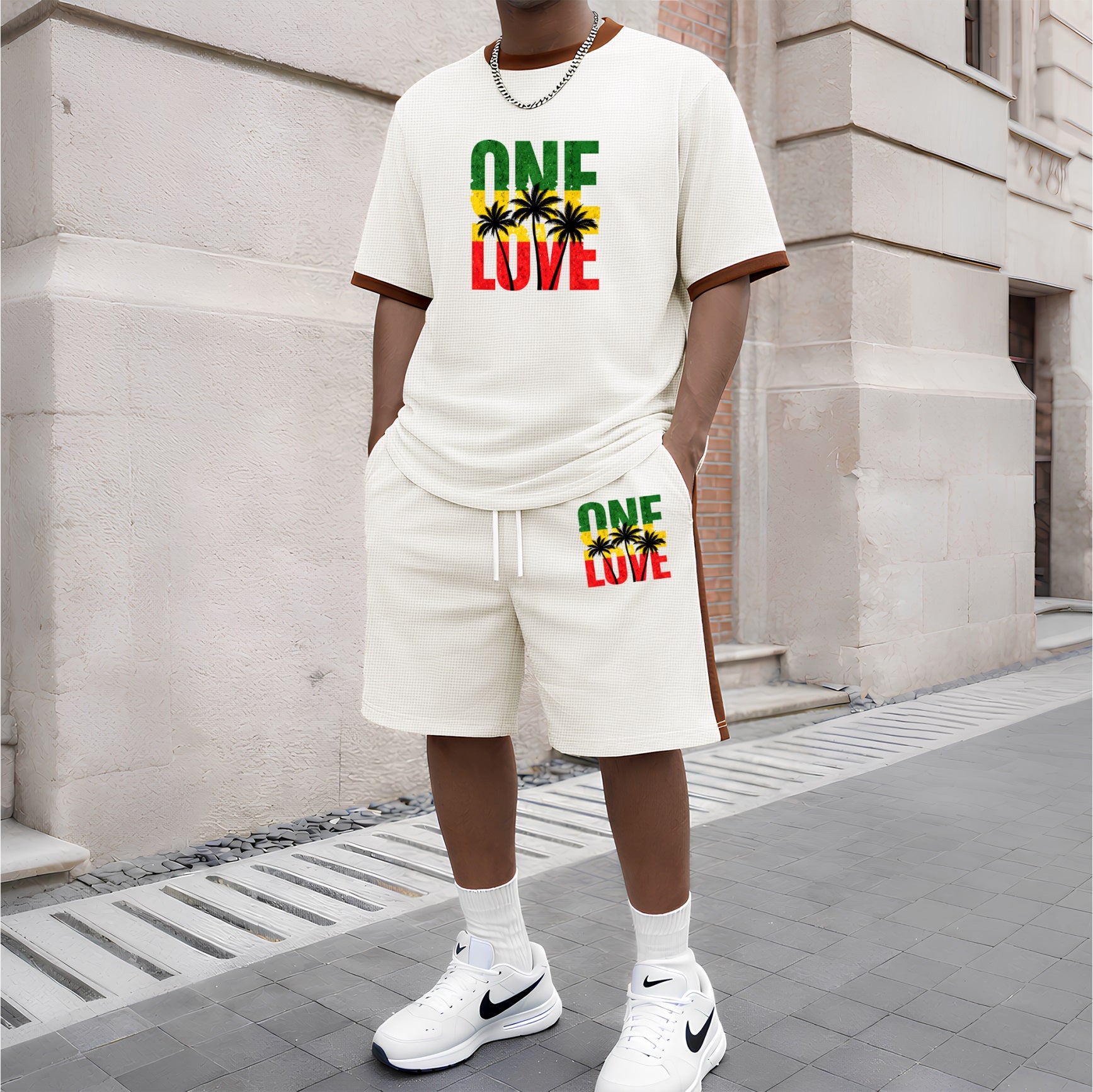 Men's Pattern Short-Sleeve T-Shirt and Drawstring Shorts Set, Men's Clothing, Casual Sporty Short-Sleeve Top and Shorts, Summer Men's Everyday Wear, Indoor and Outdoor Sportswear, Athletic Set