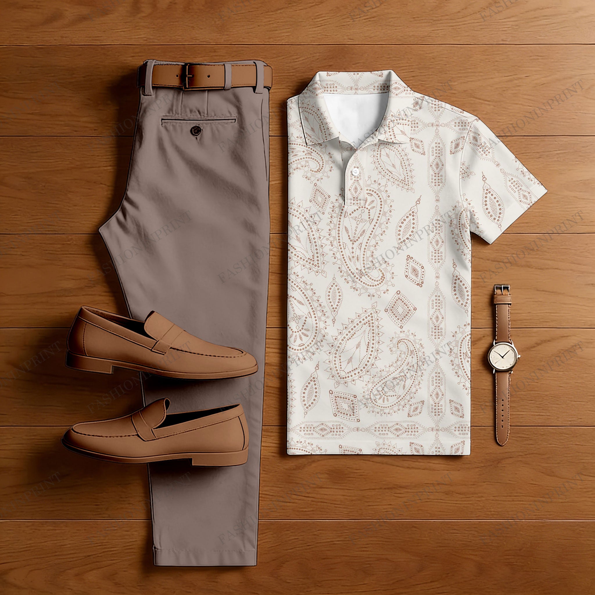 Men's Casual Brown & White Color Matching Art Printed Short Sleeved Polo Shirt & Trousers Two-Piece Set