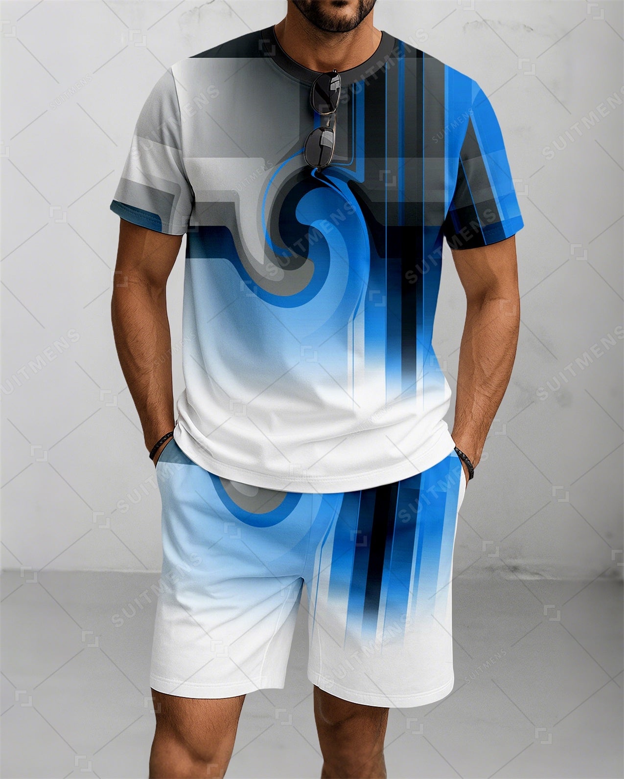 Men's Summer Colorblock Printed Round Neck Suit 080