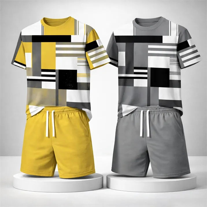 Men’s Casual Graphic T Shirt and Shorts Set, Geometric Pattern Summer 2 Piece Outfit, Soft Breathable Matching Set with Drawstring Shorts for Beach, Outdoor Activities, Travel, Workout, and Everyday Style