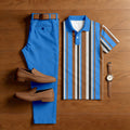 Men's Casual Blue & Gray Color Matching Striped Printed Short Sleeved Polo Shirt & Trousers Two-Piece Set