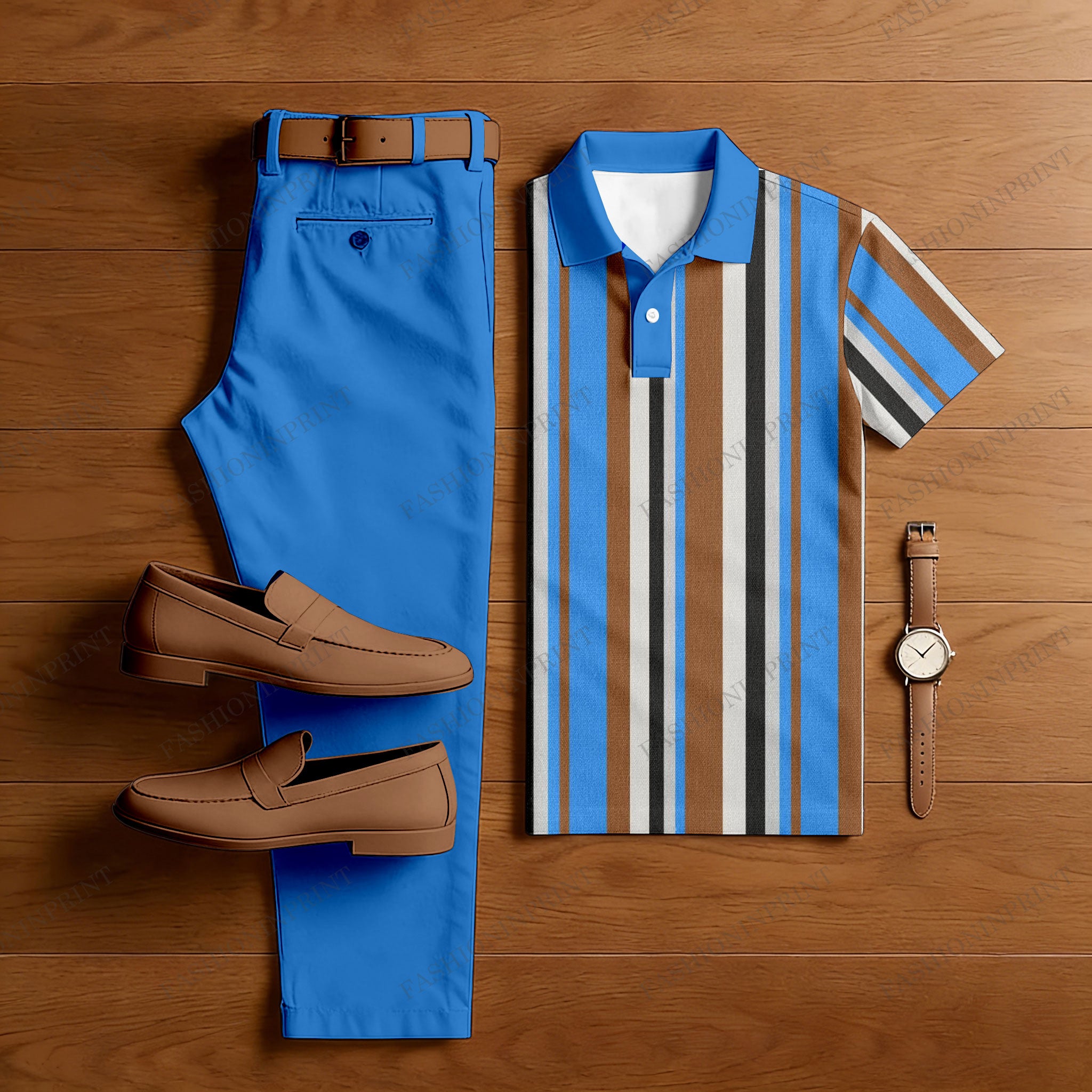 Men's Casual Blue & Gray Color Matching Striped Printed Short Sleeved Polo Shirt & Trousers Two-Piece Set