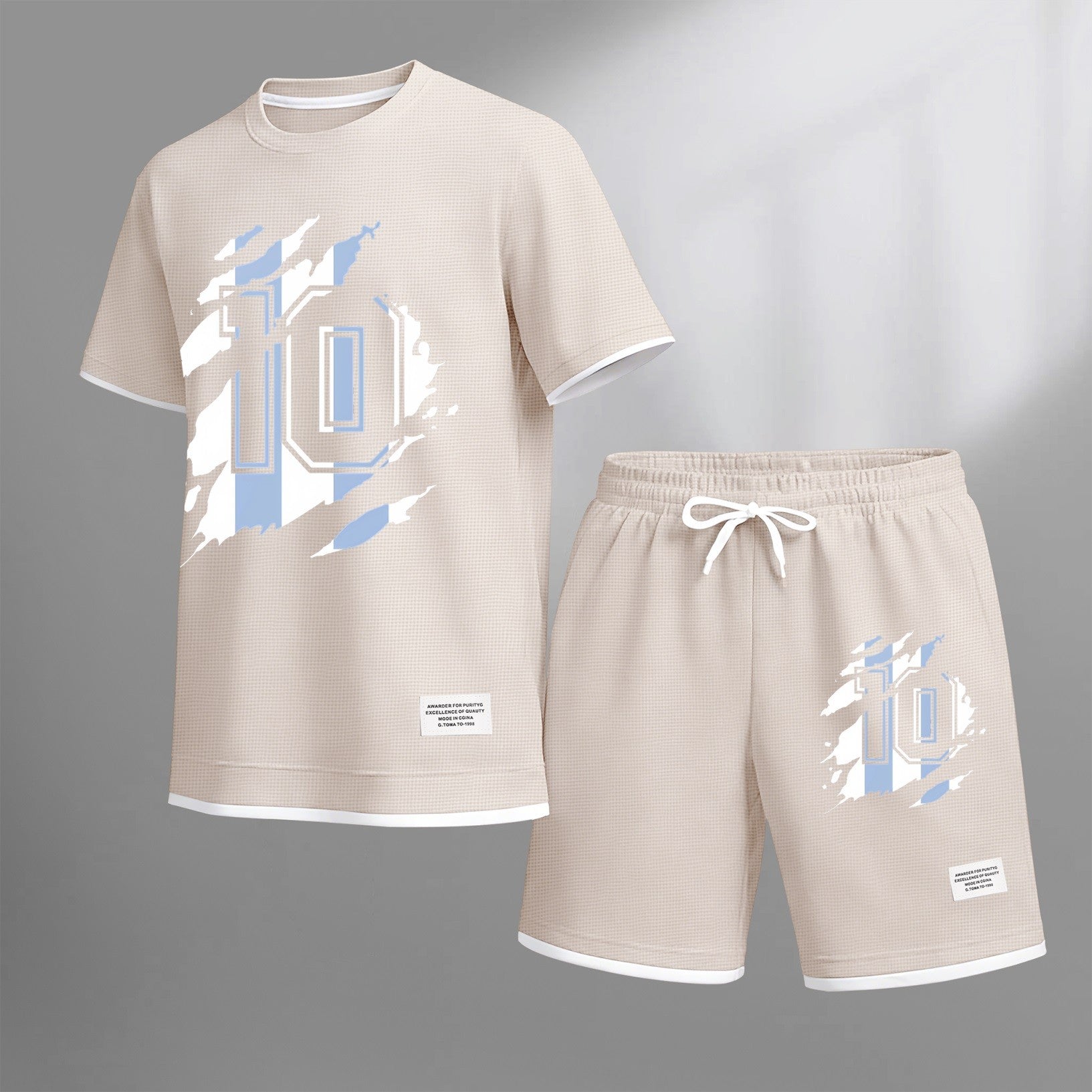 Men's classic number 10 printed drawstring shorts set, suitable for spring and summer wear. This casual summer set includes a short-sleeved shirt and shorts, perfect for everyday wear and sports.