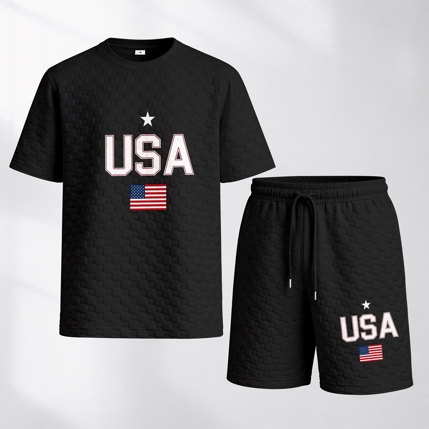 Men's Spring and Summer USA Letter Print with Flag Checkered Fabric Drawstring Shorts Set, Casual Summer Outfit with Short-Sleeved Shirt and Shorts, Ideal for Everyday Wear and Sports Activities
