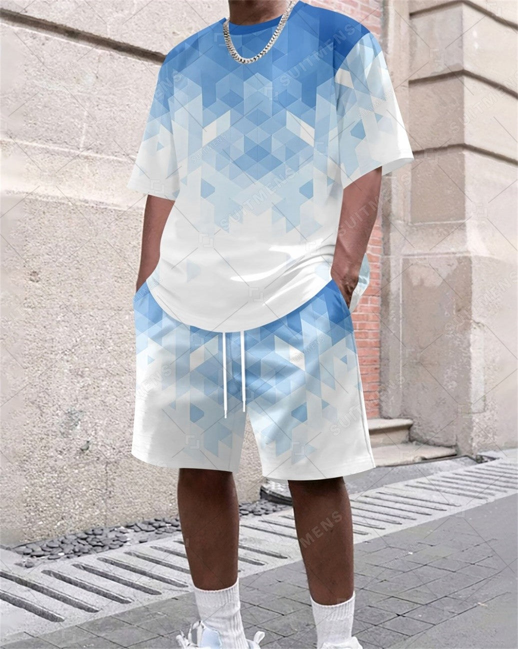 Men's Summer Gradient Print Round Neck Set 370