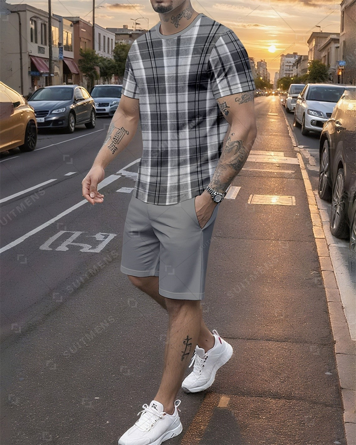 Men's Summer Colorblock Printed Round Neck Set 744