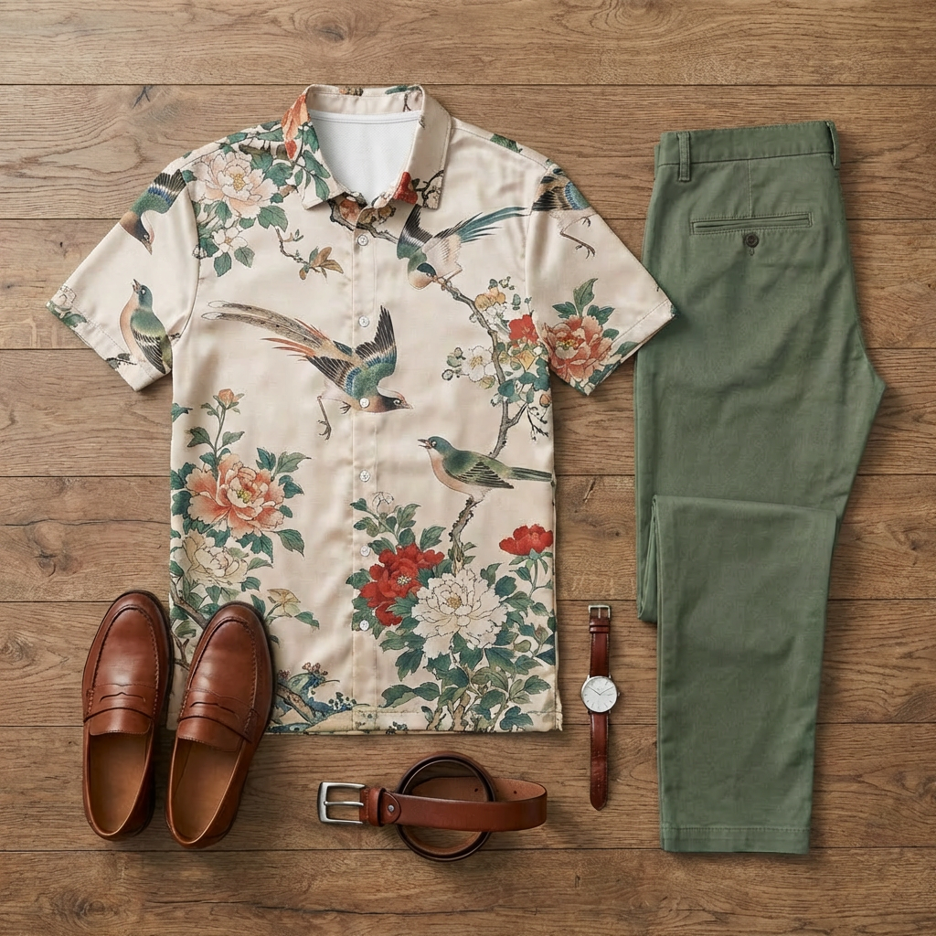 Men's Casual Off-White Bird Printed Short-Sleeve Polo Shirt And Trousers Two-Piece Set