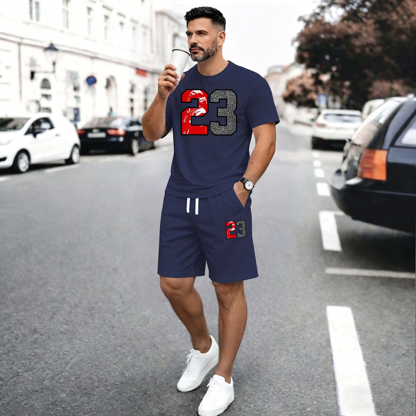 Men’s Summer 2 Piece Set, Basketball 23 Letter Print Short Sleeve T Shirt and Drawstring Shorts Matching Outfit, Lightweight Breathable Casual Set for Travel, Streetwear, Beach, Vacation, and Daily Wear