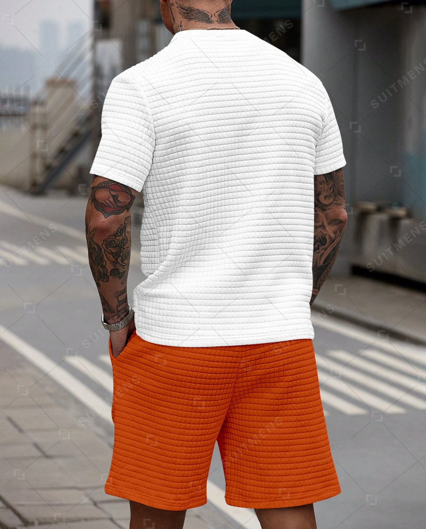 Men's Casual Waffle Textured Summer Round Neck Short Sleeve Shorts Set 0013