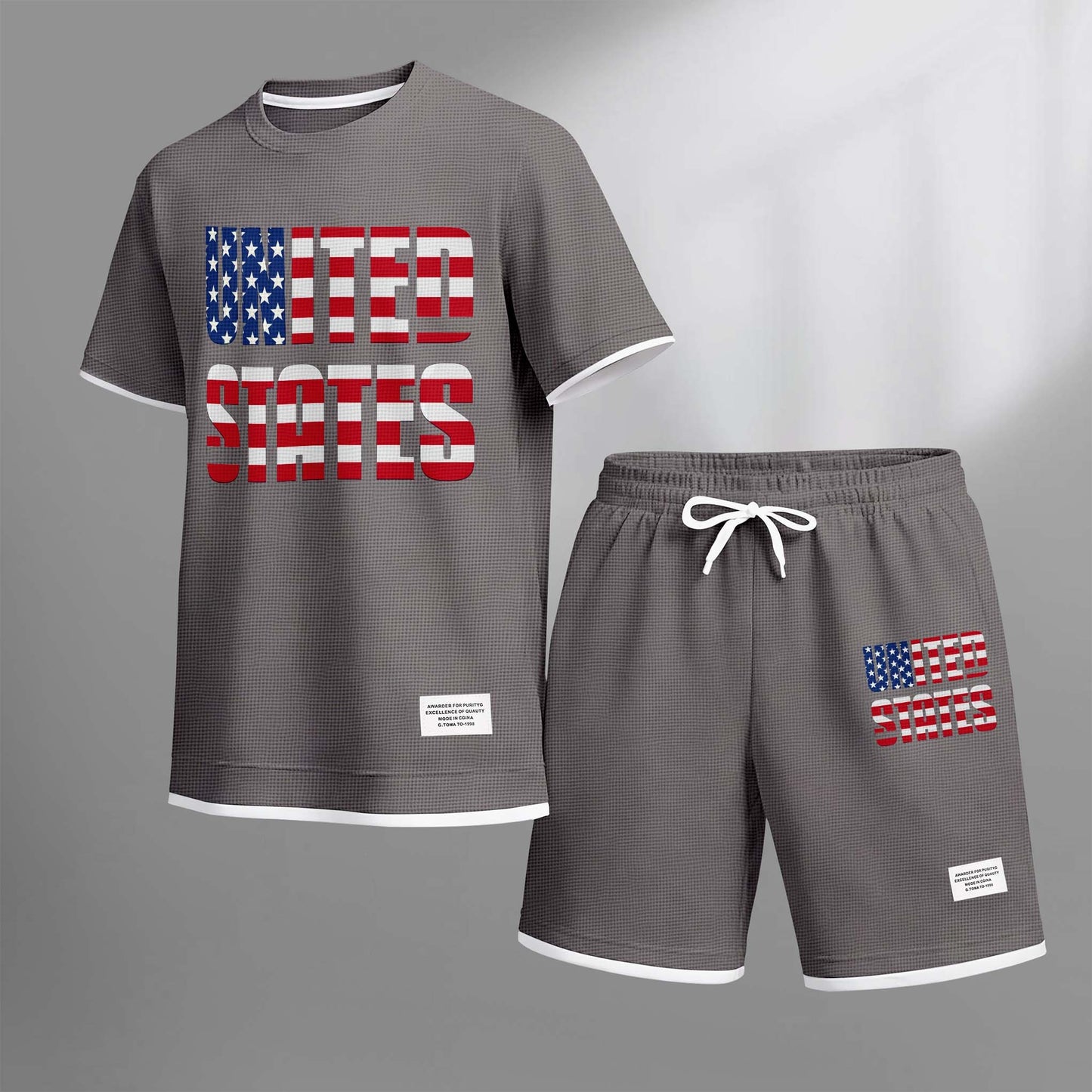 Men's United States Print Drawstring Shorts Set For Spring/Summer. A Casual Summer Outfit, Including A Short-Sleeved Shirt And Shorts, Suitable For Everyday Wear And Sports. A Two-Piece Set For A Relaxed And Energetic Lifestyle.