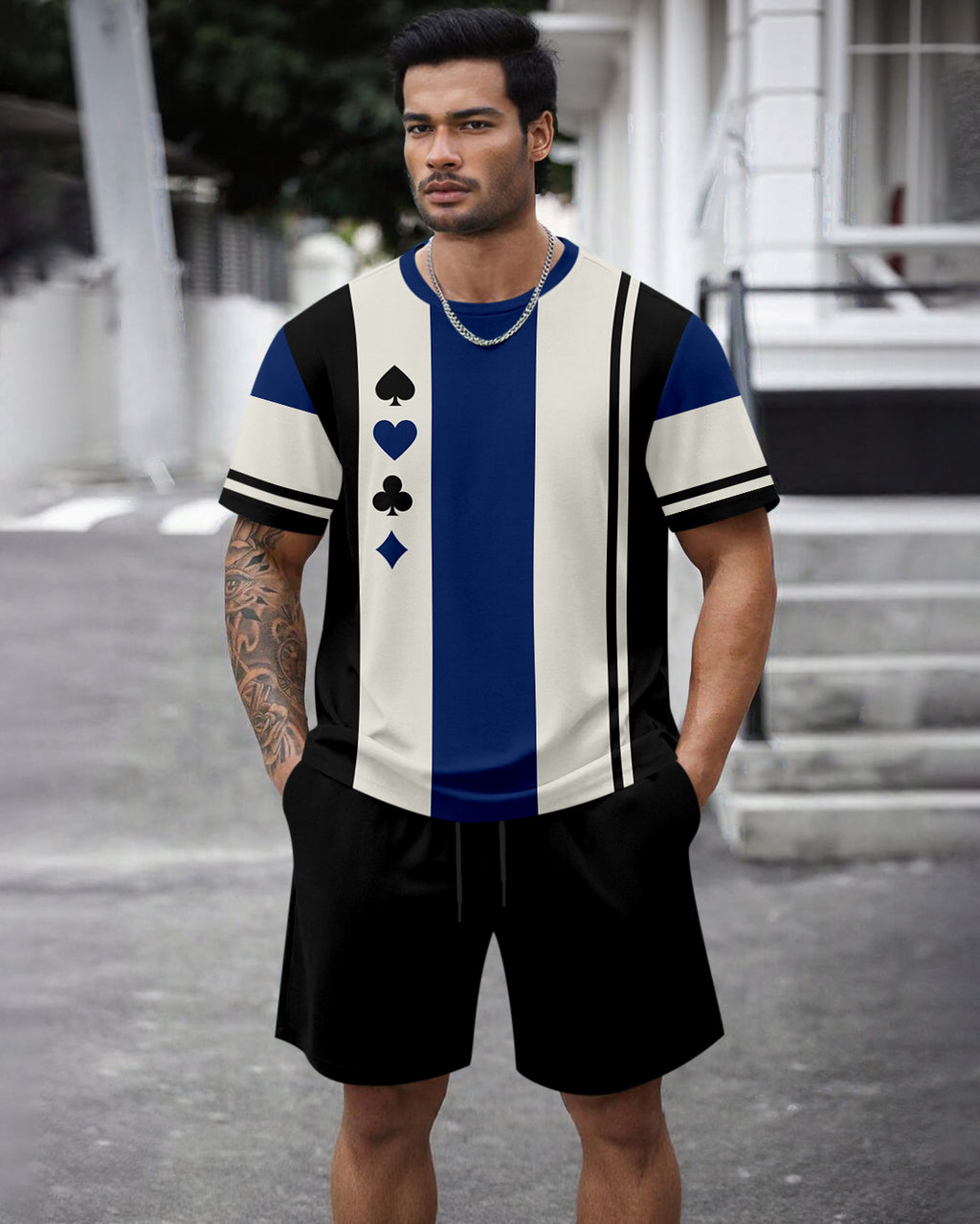 Men's Summer Colorblock Printed Round Neck Set 474