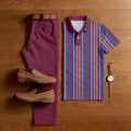 Men's Casual Color-Blocked Stripes Printed Polo Shirt And Pants Two-Piece Set