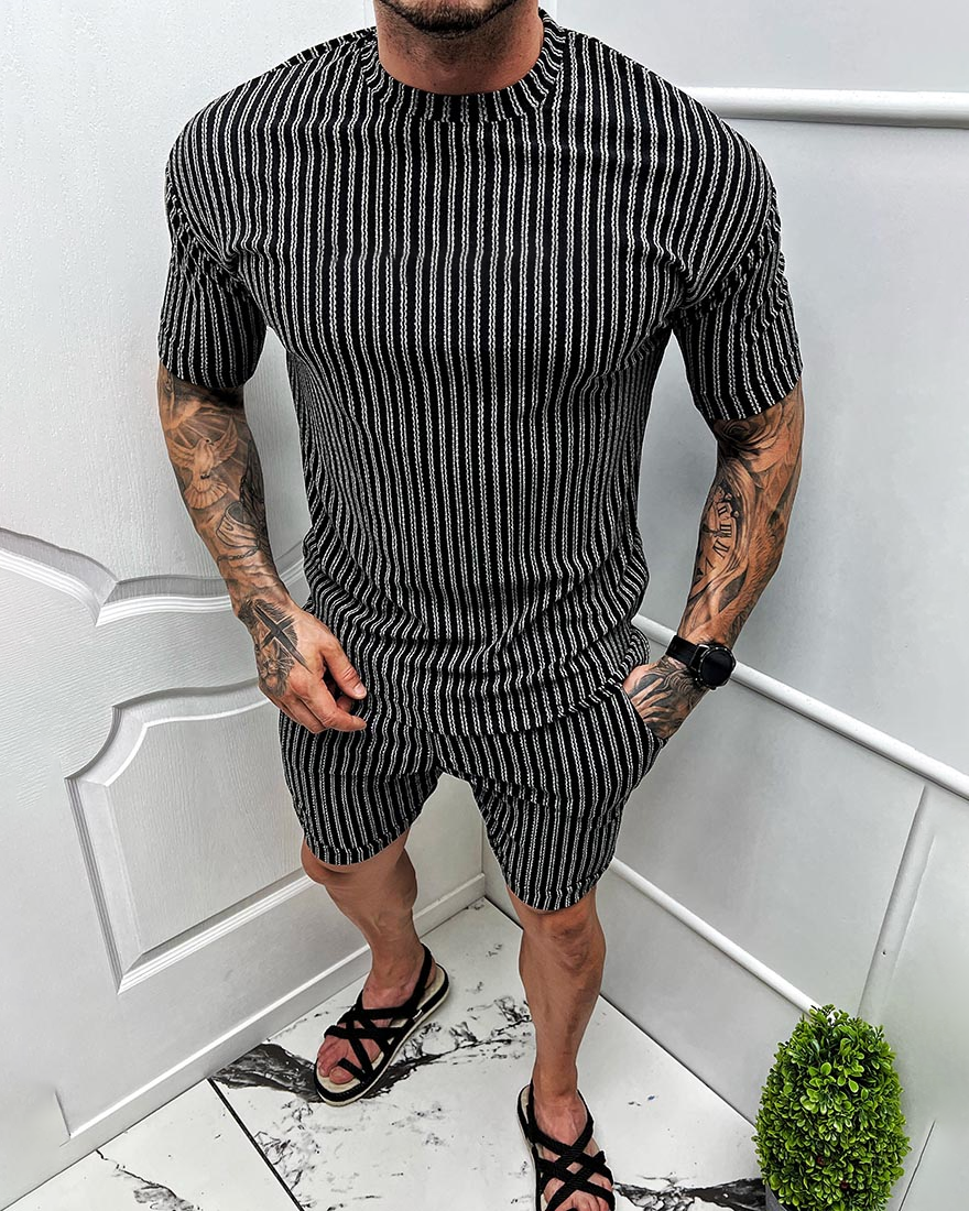 Men's vertical stripe short sleeve two piece suit