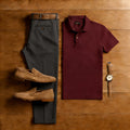 Men's Casual Burgundy & Dark Gray Solid Color Matching Short Sleeved Polo Shirt & Trousers Two-Piece Set