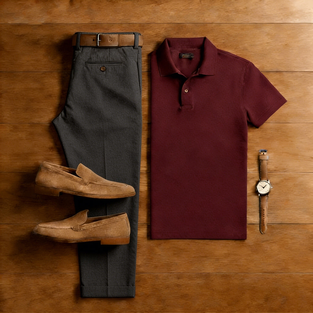 Men's Casual Burgundy & Dark Gray Solid Color Matching Short Sleeved Polo Shirt & Trousers Two-Piece Set