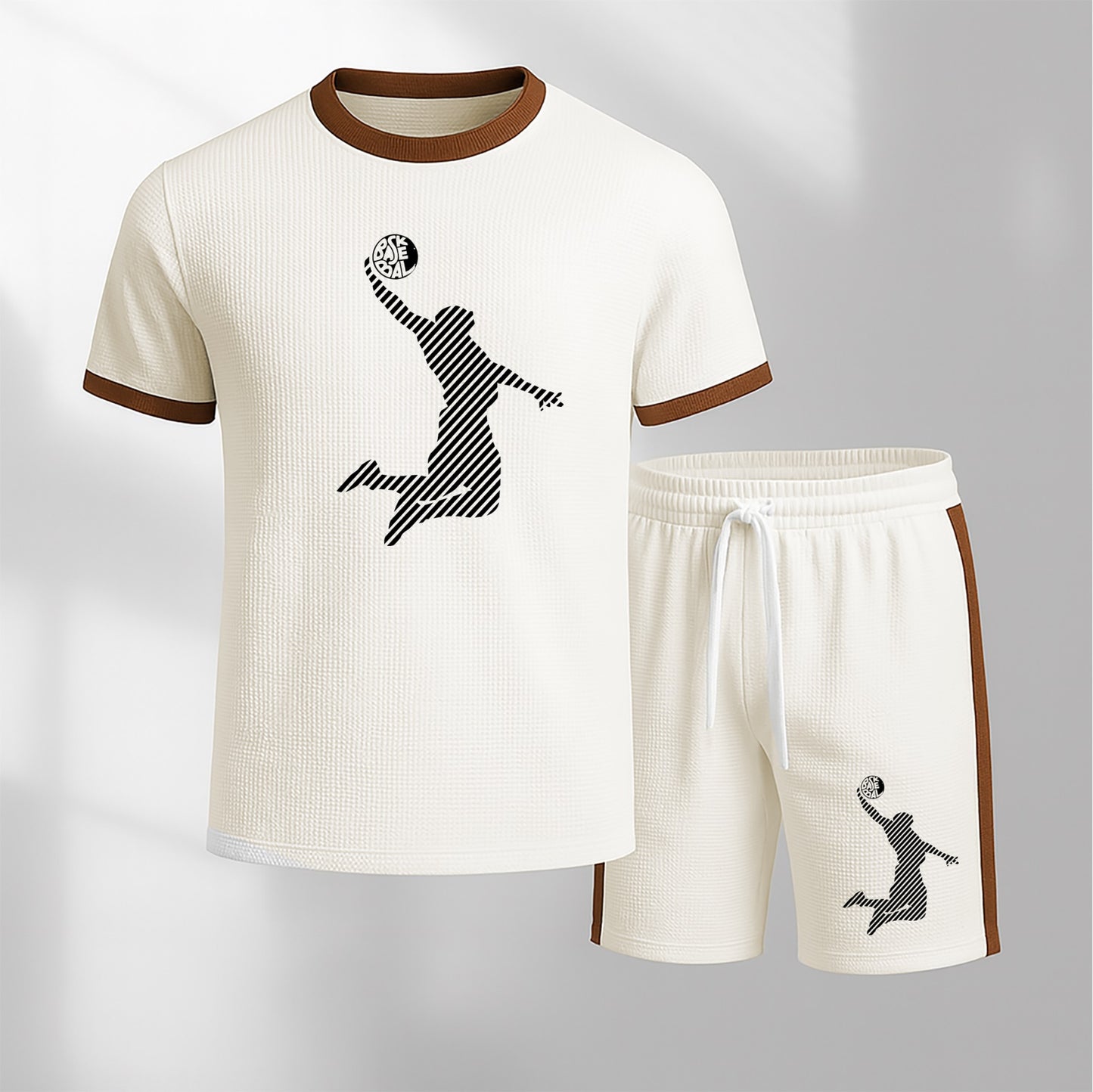 Men's Basketball Pattern Short-Sleeve T-Shirt and Drawstring Shorts Set, Men's Clothing, Casual Sporty Short-Sleeve Top and Shorts, Summer Men's Everyday Wear, Indoor and Outdoor Sportswear, Athletic Set