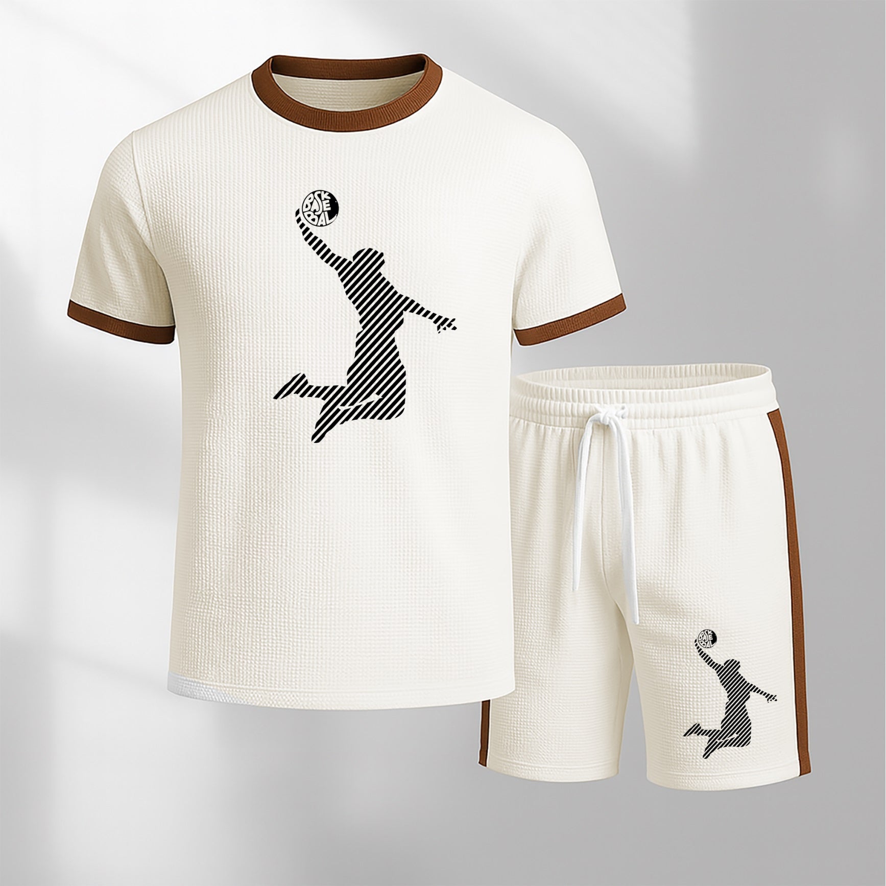 Men's Basketball Pattern Short-Sleeve T-Shirt and Drawstring Shorts Set, Men's Clothing, Casual Sporty Short-Sleeve Top and Shorts, Summer Men's Everyday Wear, Indoor and Outdoor Sportswear, Athletic Set