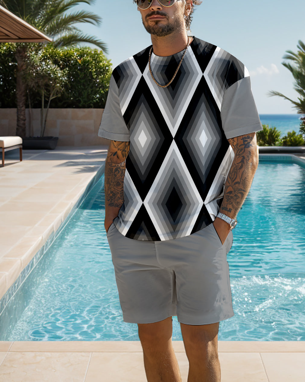 Men's color block printed shorts set 474