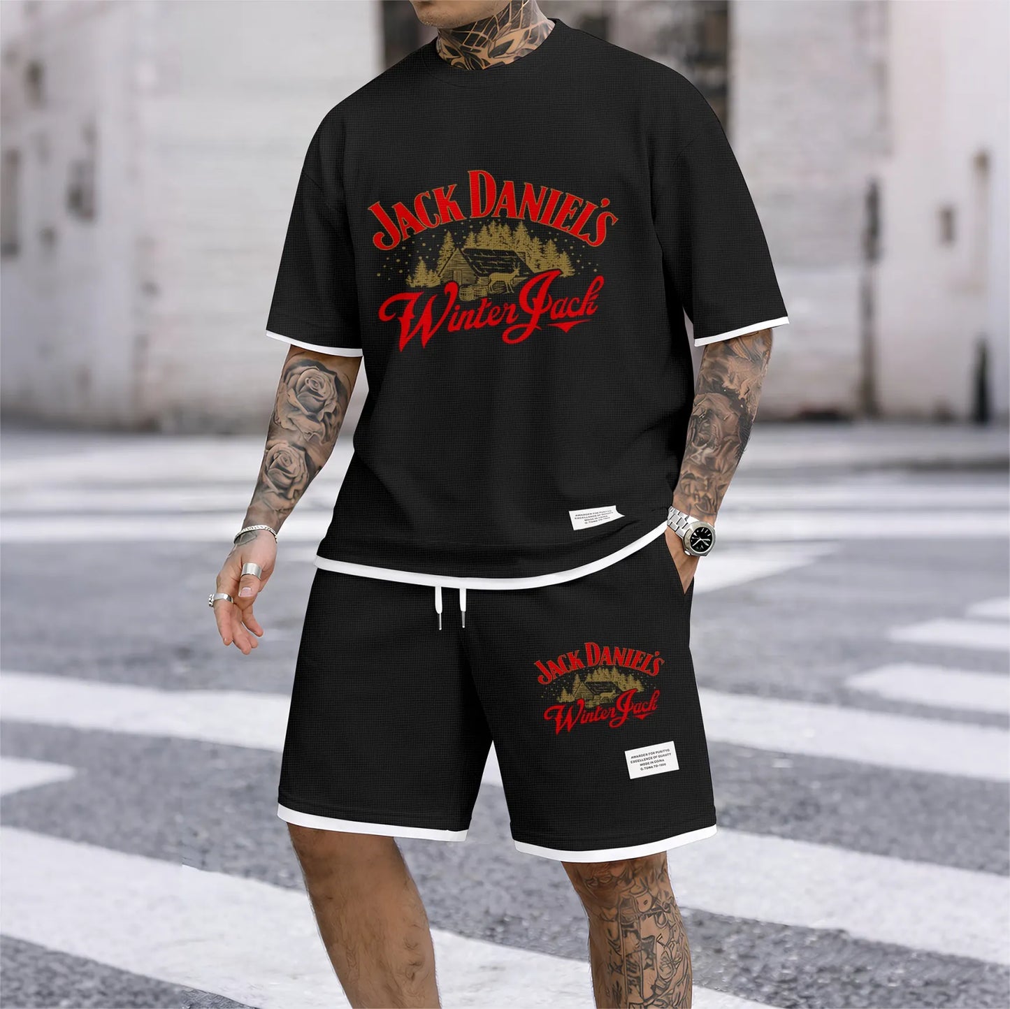 Men's Beer And Beverage Printed Drawstring Shorts Set, Suitable For Spring And Summer Wear, Casual Summer Set, Including Short-Sleeved Shirt And Shorts, Suitable For Everyday Wear And Sports 08