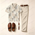 Men's Casual Gray Geometry Printed Polo Shirt And Pants Two-Piece Set
