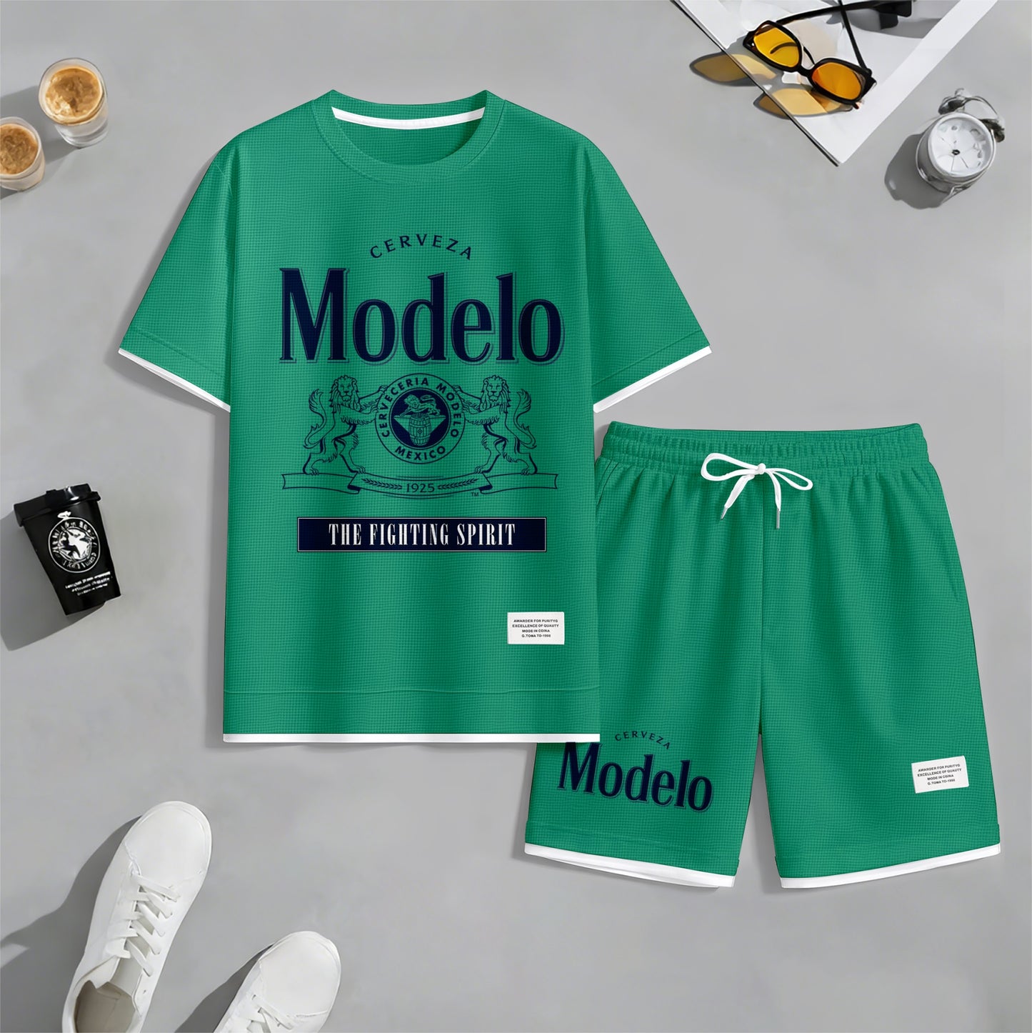 Men's Beer Print Drawstring Shorts Set, Suitable For Spring And Summer Wear, Casual Summer Set, Including Short-Sleeved Shirt And Shorts, Suitable For Everyday Wear And Sports 02