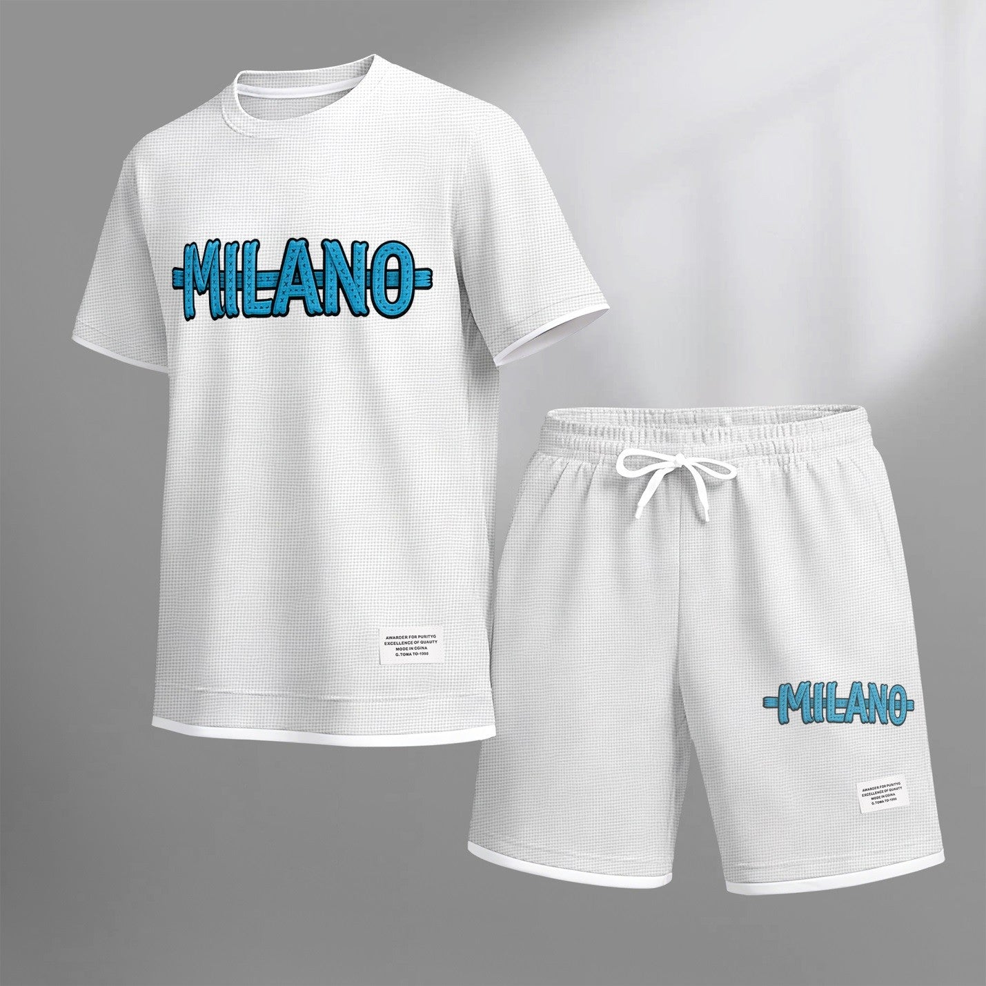 Men's MILANO print drawstring shorts set for spring/summer, a casual summer outfit including a short-sleeved shirt and shorts, suitable for everyday wear and sports. A two-piece set for a relaxed and energetic lifestyle.