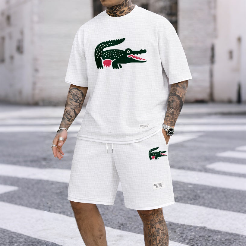 Men's Funny Crocodile Print Waffle Fabric Short-Sleeved Shirt And Shorts Set