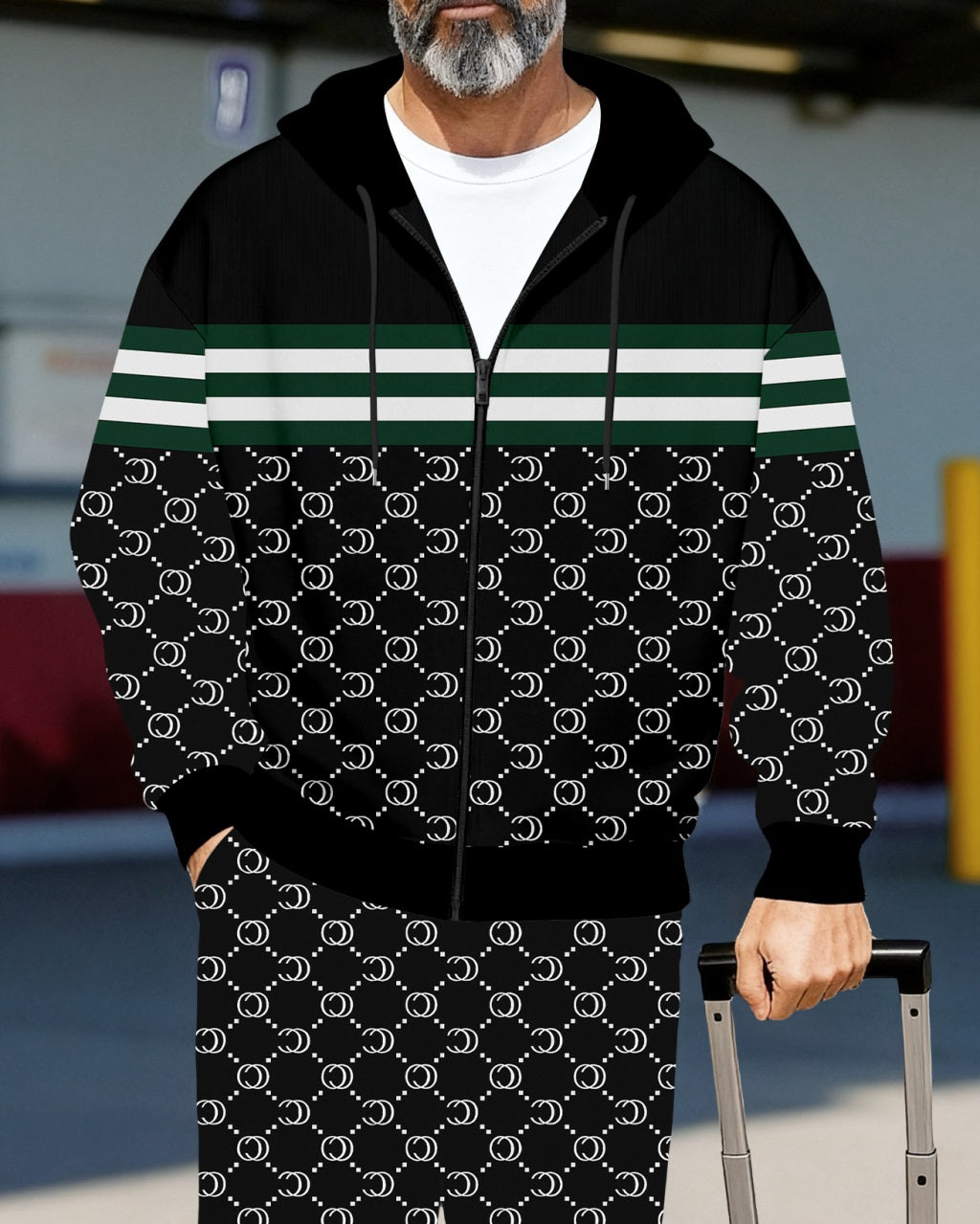 Men's Retro Luxury Thickened Fleece Colorblock Jacket Sports Hoodie Set 11