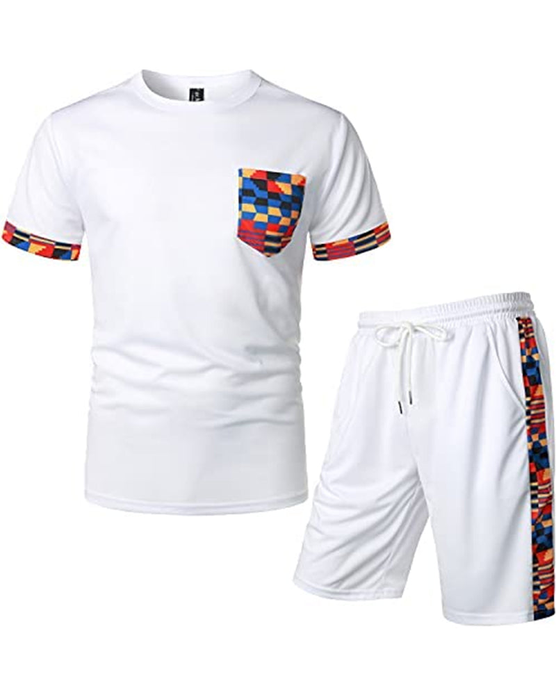 Men's Printed Colorblock T-Shirt and Shorts Set 014