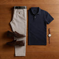 Men's Casual Navy Blue & Gray Khaki Color Matching Short Sleeved Polo Shirt & Trousers Two-Piece Set