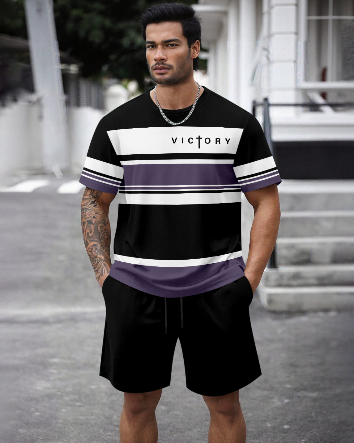 Men's Summer Colorblock Printed Round Neck Set 468