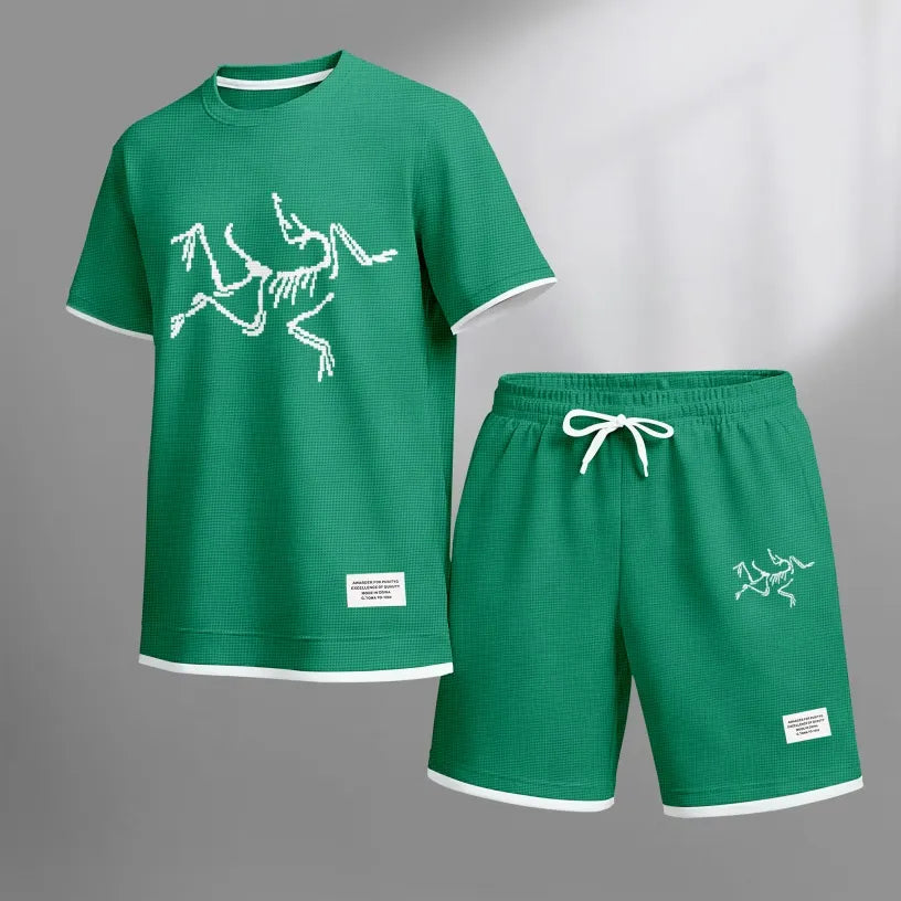 Men's Pixel-style Bird Skeleton Print Waffle Fabric Short-Sleeved Shirt And Shorts Set