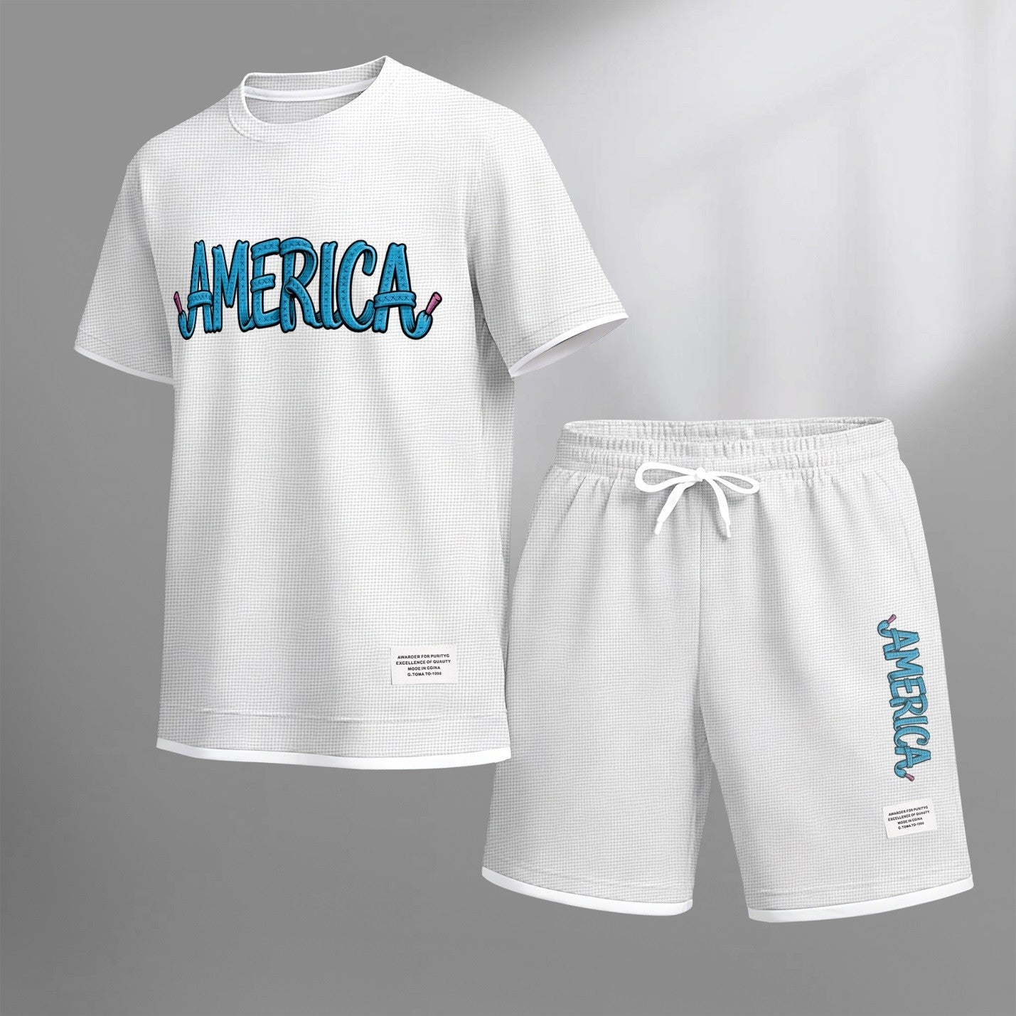 Men's American print drawstring shorts set for spring/summer, a casual summer outfit including a short-sleeved shirt and shorts, suitable for everyday wear and sports. A two-piece set for a relaxed and energetic lifestyle.