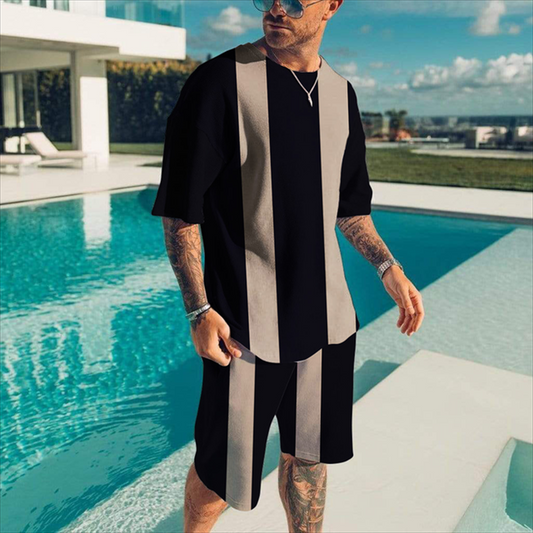 Men's casual color matching printed shorts set 412