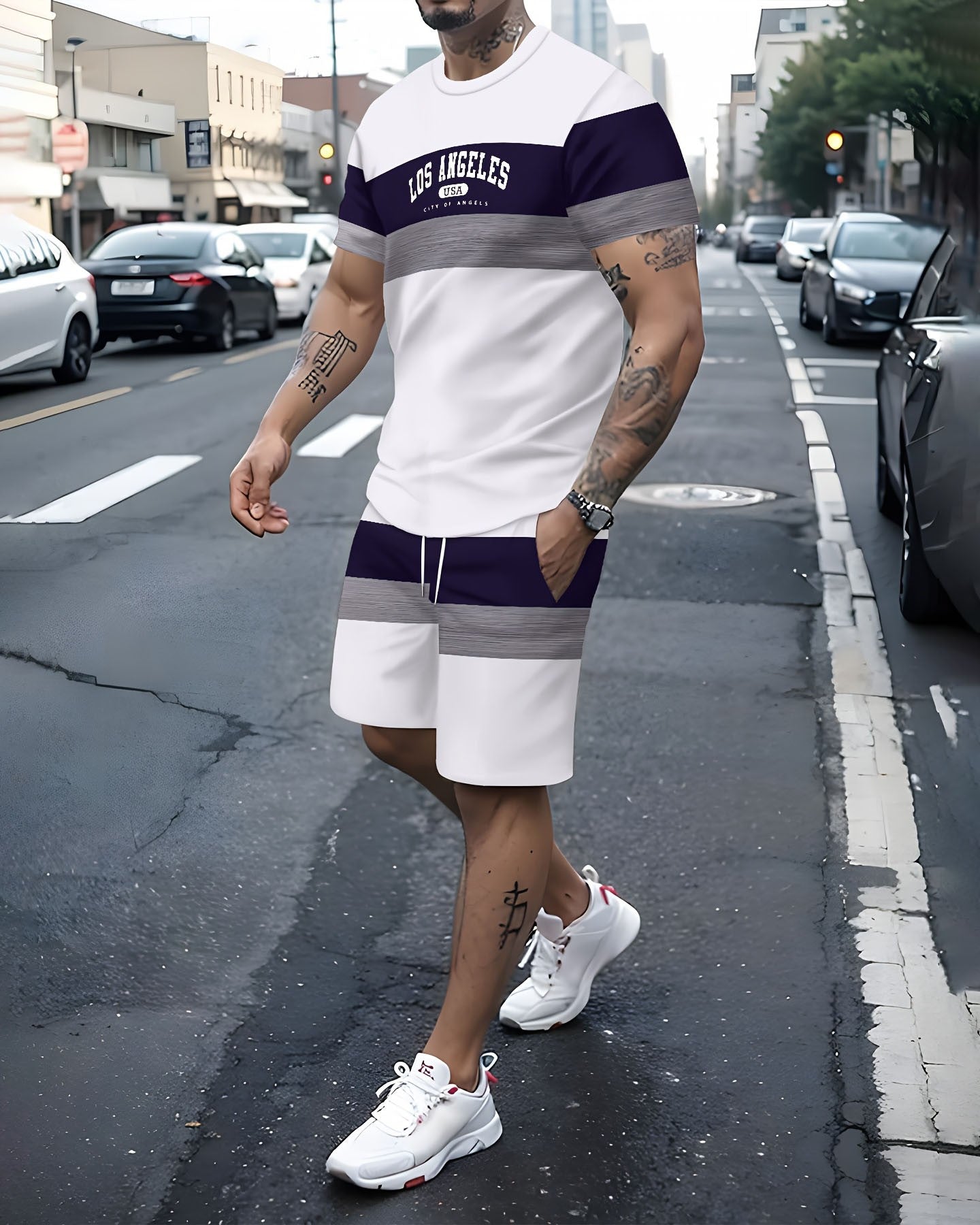 Men's Colorblock Summer Round Neck Set 140