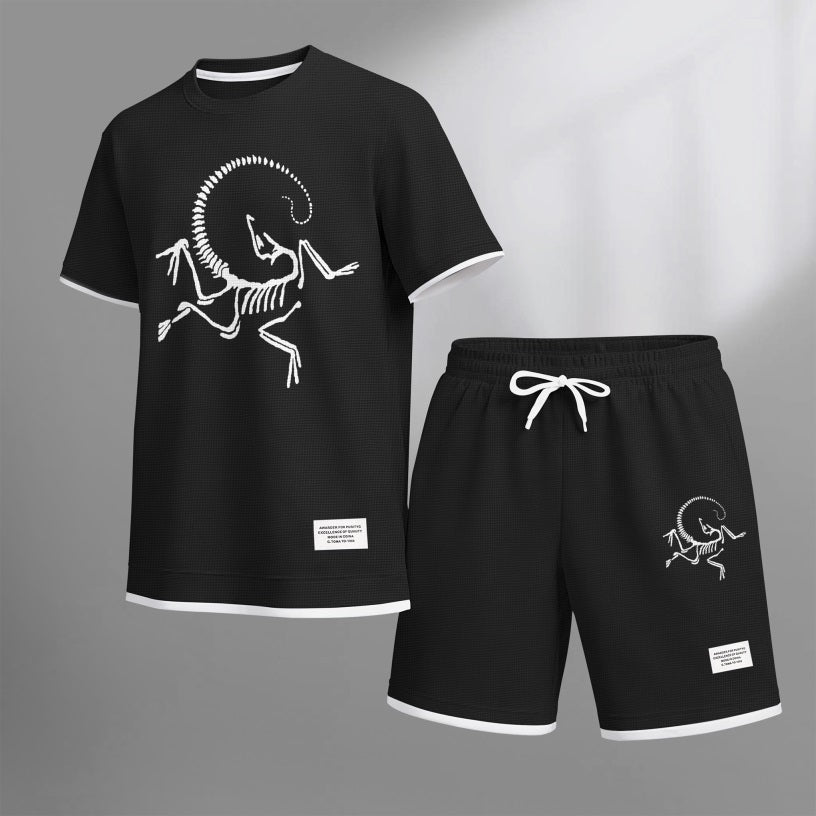 Men's Skeleton Bird Print Waffle Fabric Short-Sleeved Shirt And Shorts Set