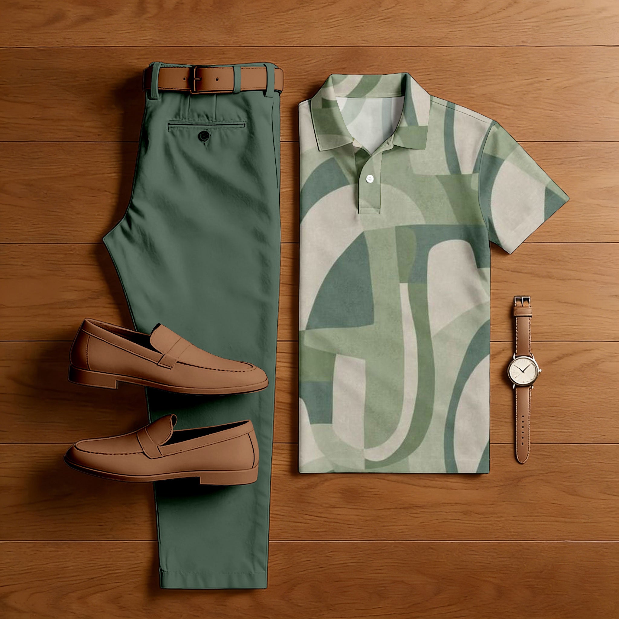 Men's Casual Multi Green Color Matching Geometric Printed Short Sleeved Polo Shirt & Trousers Two-Piece Set