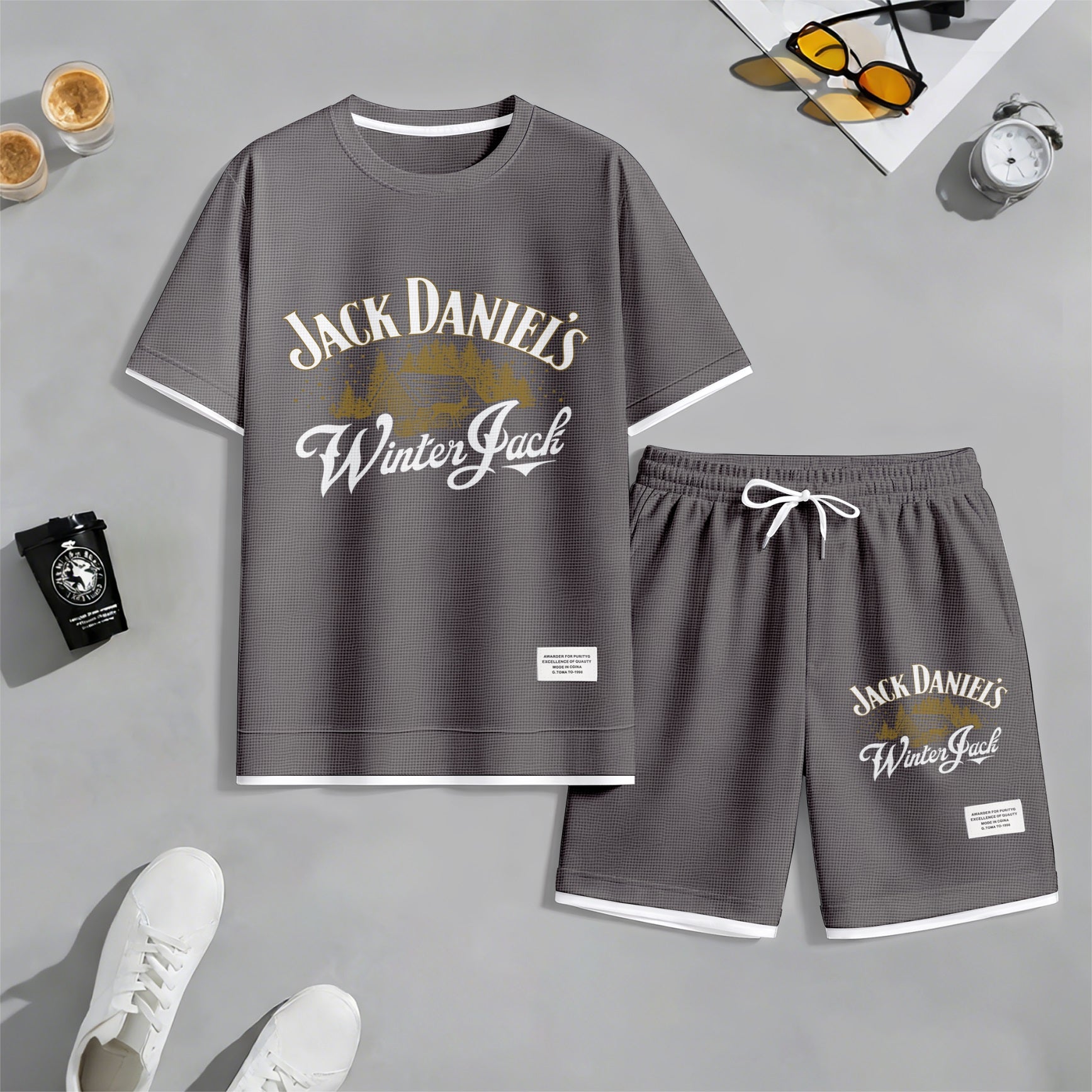 Men's Beer And Beverage Printed Drawstring Shorts Set, Suitable For Spring And Summer Wear, Casual Summer Set, Including Short-Sleeved Shirt And Shorts, Suitable For Everyday Wear And Sports 010