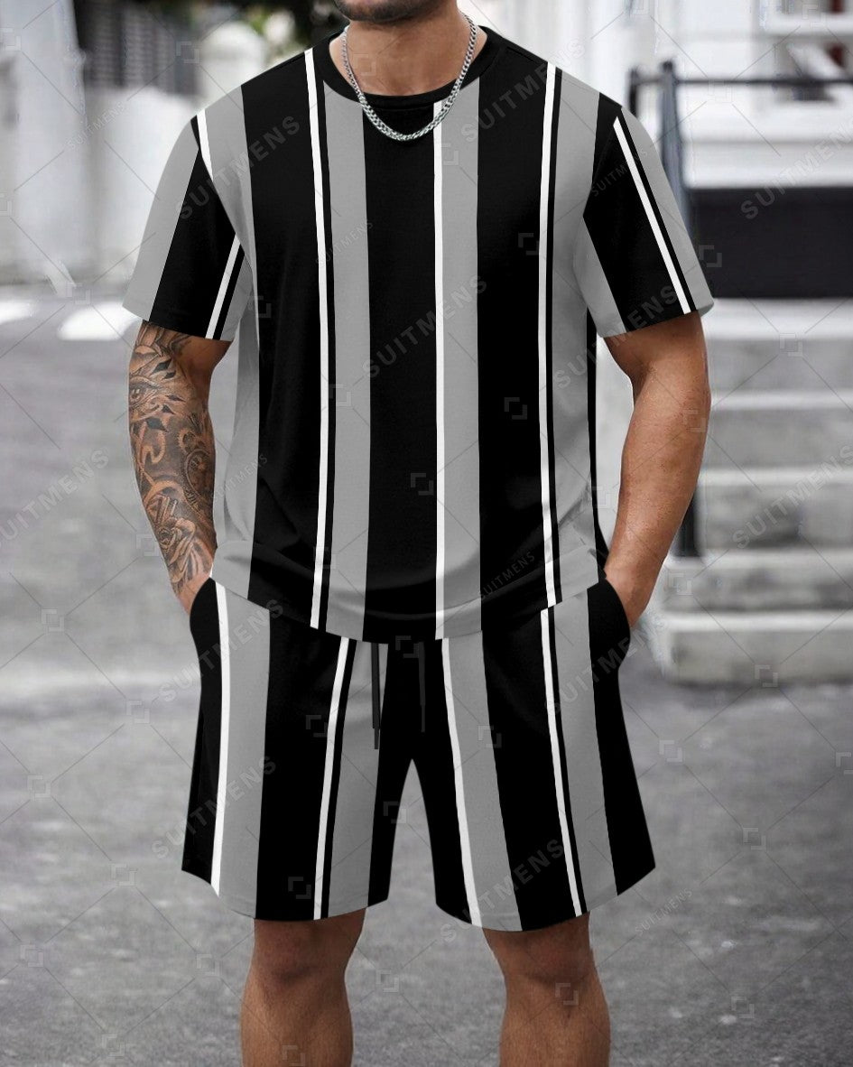 Men's Summer Colorblock Printed Round Neck Set 462