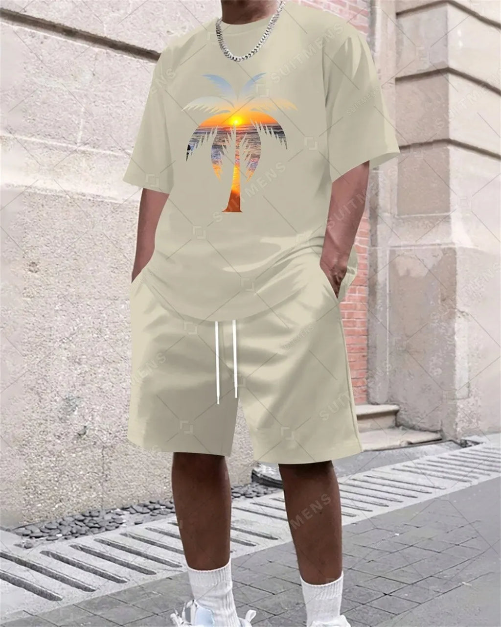 Men's Summer Coconut Tree Print Round Neck Set 305