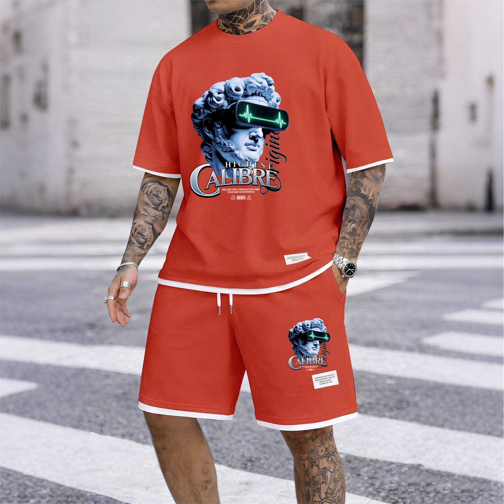 Men's Vintage Statue Graphic Print Short Sleeve Shirt and Drawstring Shorts Set, Casual Summer Two-Piece Outfit, Lightweight Breathable Relaxed Fit Sportswear for Daily Wear, Beach, Vacation, Travel, Loungewear