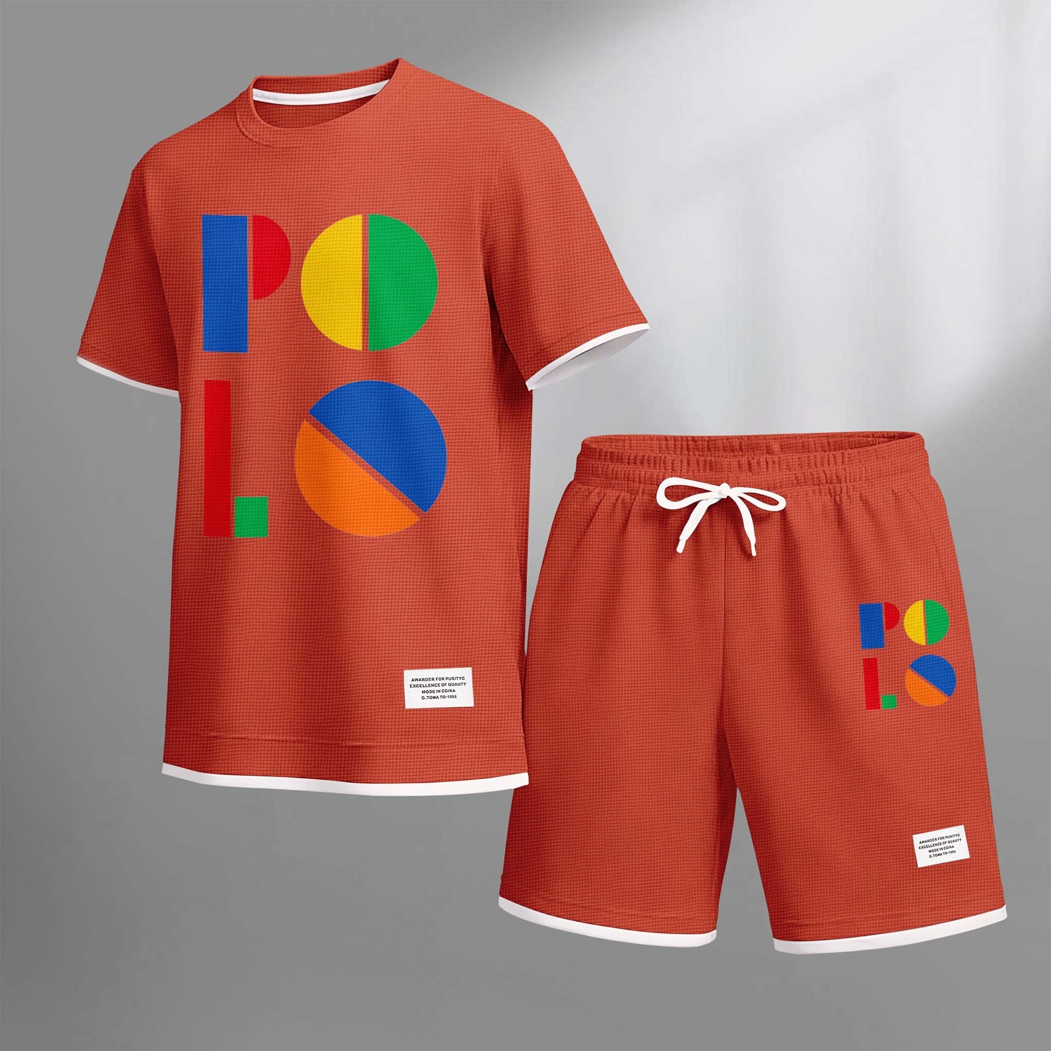 Men's Color Polo Print Drawstring Shorts Set For Spring/Summer. A Casual Summer Outfit, Including A Short-Sleeved Shirt And Shorts, Suitable For Everyday Wear And Sports. A Two-Piece Set For A Relaxed And Energetic Lifestyle.