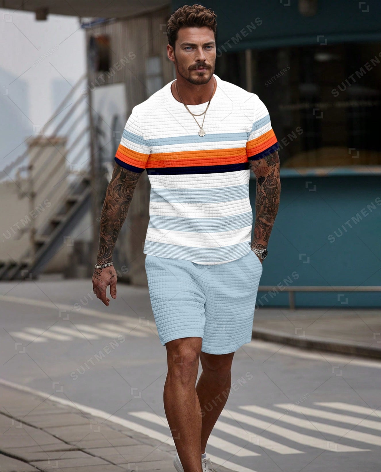 Men's Casual Waffle Textured Summer Round Neck Short Sleeve Shorts Set 004