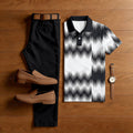 Men's Casual Black & White Color Matching Printed Short Sleeved Polo Shirt & Trousers Two-Piece Set