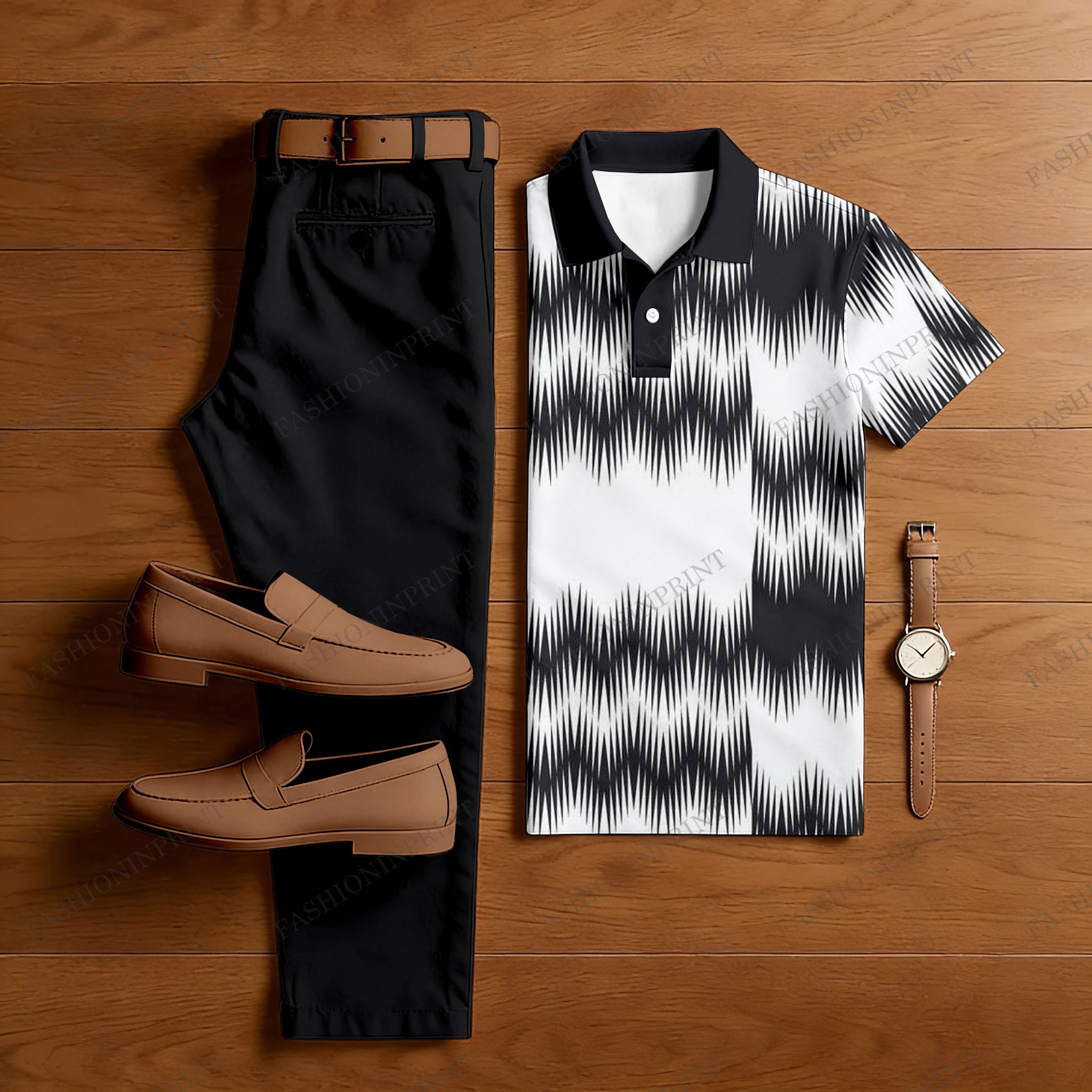 Men's Casual Black & White Color Matching Printed Short Sleeved Polo Shirt & Trousers Two-Piece Set