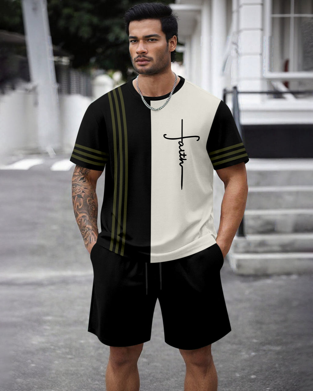 Men's Summer Colorblock Printed Round Neck Set 472