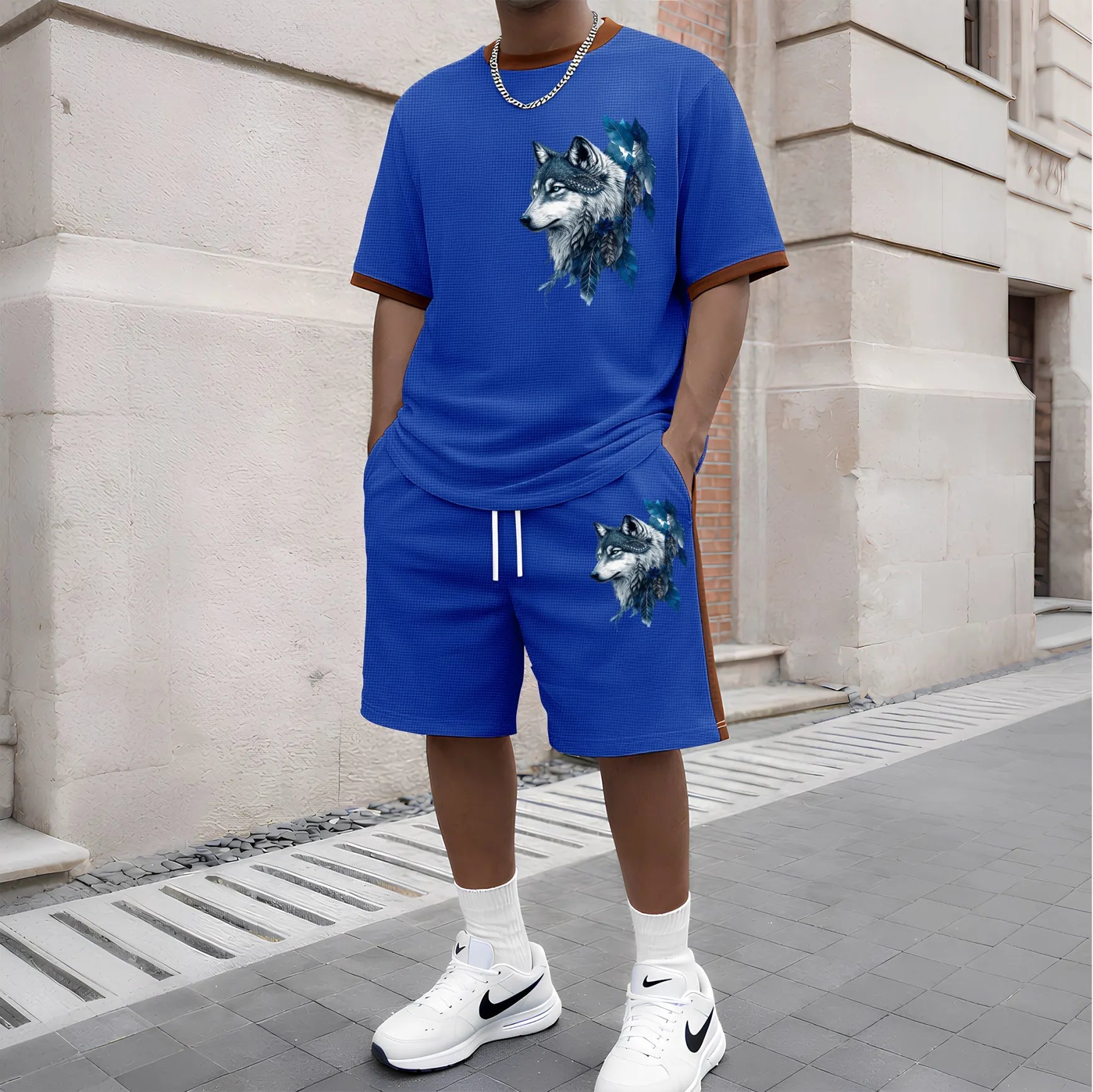 Men's Wolf King Pattern Short-Sleeve T-Shirt and Drawstring Shorts Set, Men's Clothing, Casual Sportswear Short-Sleeve Top and Shorts, Summer Men's Everyday Wear, Indoor and Outdoor Sportswear, Sports Set