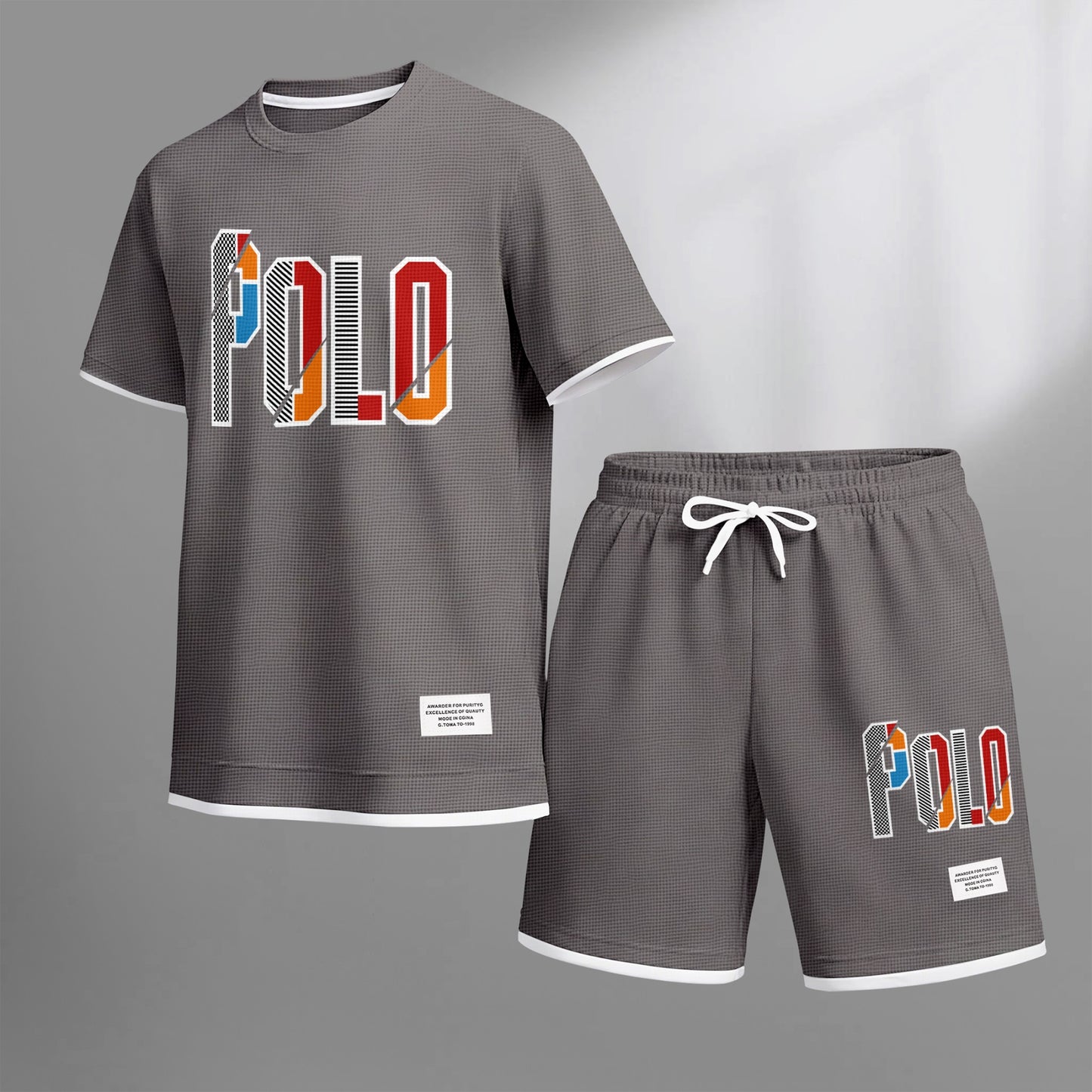 Men's Retro Cool Letter Print Short Sleeve T-Shirt & Shorts Set, Summer Lightweight Waffle Sporty Casual Two-Piece Outfit, Streetwear for Gym & Daily Wear